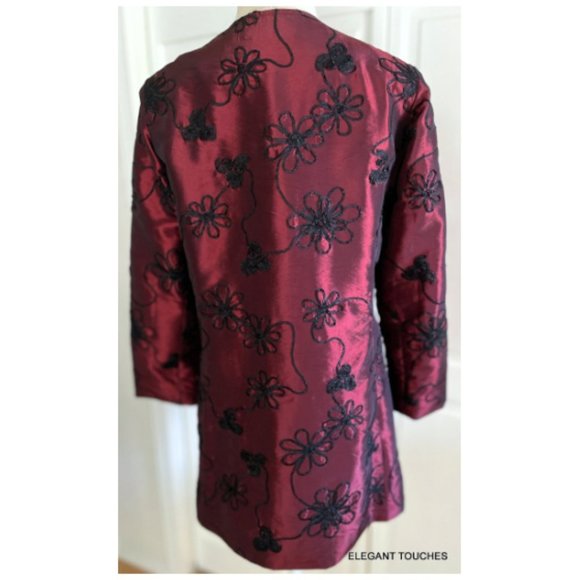 3 Sisters Jacket Womens Open Front Medium Red Black Embroidered Taffeta Coat - Picture 3 of 8